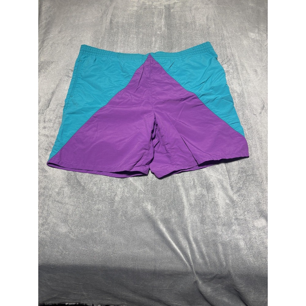 VTG Lands' End Swim Trunks Mens Medium Purple Teal Colorblock Lined Stretched